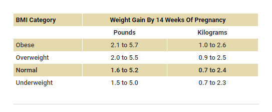 Weight gain range by week 14 of pregnancy based on BMI