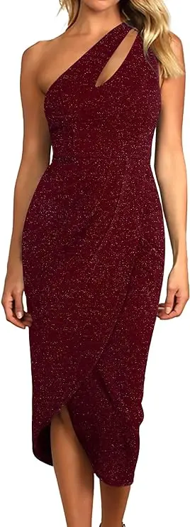 One Shoulder Cocktail Dress for Women Glitter Ruched Bodycon Party Dress