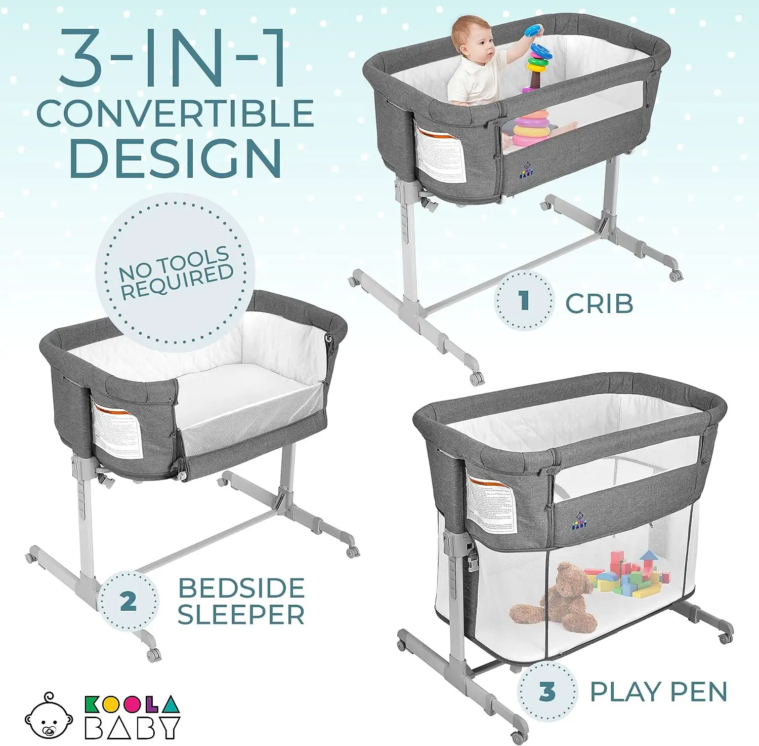 3 in 1 Baby Bassinet, Bedside Sleeper, & Playpen, Easy Folding Portable Crib (Grey)- KoolaBaby (Bassinet