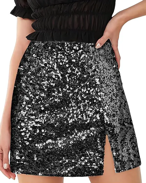  Sequin Skirt High Waist Sparkly Side Split  