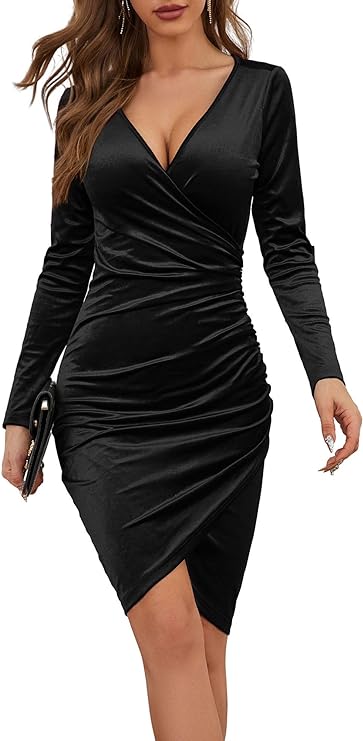 Velvet Bodycon Ruched Cocktail Party Dress